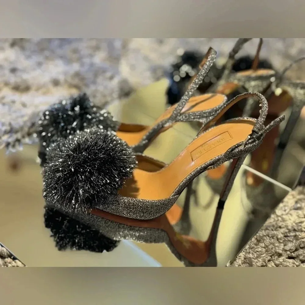 AQUAZZURA SILVER POMPOM SLINGBACK SANDALS - Picture 4 of 10
